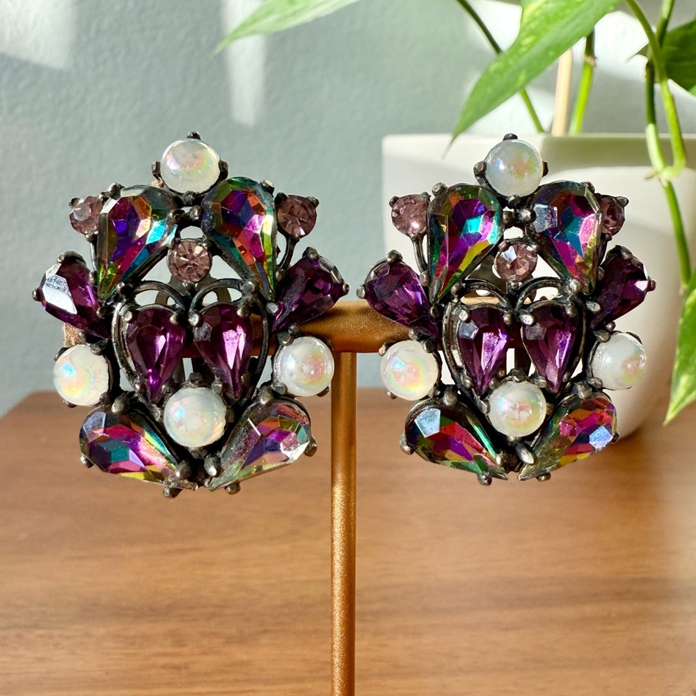Vintage Schiaparelli Large Purple Watermelon Rhinestone Faux Moonstone Earrings